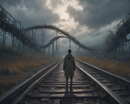 Film scene showcasing dreamyvibes artstyle person , navigating a dilapidated roller coaster track on foot, (under overcast skies:1.38), shot from a low angle, portraying a journey through forgotten thrills.<lora:Dreamyvibes - Alt-Version - Trigger is Dreamyvibes Artstyle:1>