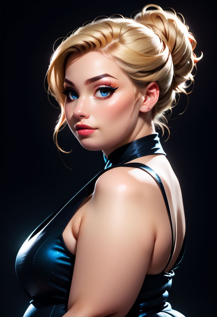 score_9, score_8_up, score_7_up, score_6_up, score_5_up, score_4_up score_9,score_8_up, digital art, female portrait, realistic 3D illustration, blue eyes, blonde hair, elegant updo, soft lighting, contemplative expression, dark background, subtle makeup, high-resolution, detailed texture, emotional depth, dramatic mood, classic black dress, side profile, serene atmosphere, cinematic lighting, fat, obese, big belly.