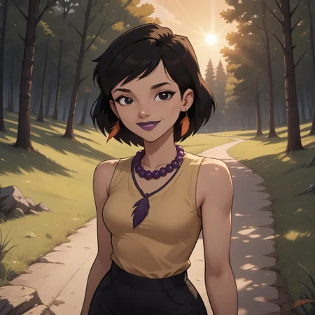 score_9, score_8, BREAK, solo, black hair, black eyes, purple lips, lipstick, purple necklace, feather earrings, sleeveless shirt, leggings, sneakers, total drama, Sky_(Total_Drama), cute, tdpi, sexy pose, self portrait, smile, outdoors, sunlight, shadows, evening lighting, natural lighting, forest, trees, grass, orange sky, sunset