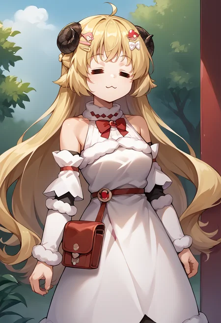 score_9, score_8_up, source_anime, 1girl, solo, =w=, :3, = =, eyes closed, WatameBase, very long hair, ahoge, hairclip, fur-trimmed dress, short dress, red bowtie, detached sleeves, pouch, <lora:ChamElfExpressionPonyXL:1>, <lora:CHAR-TsunomakiWatamePonyXL>