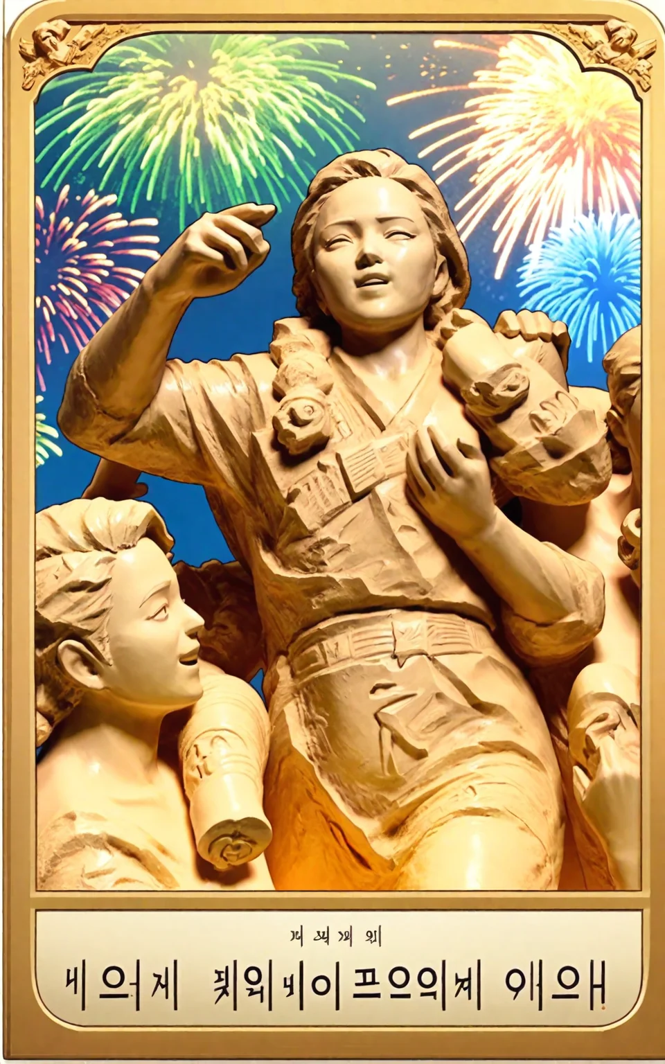 <lora:nk_join_v3:1> a bronze sculpture,new sculpture,bestkoreaart,a poster of a group of korean people celebrating a new year with fireworks in the background and a statue in the foreground,Art & Language,official art,korean text, score_9, score_6_up, score_7_up