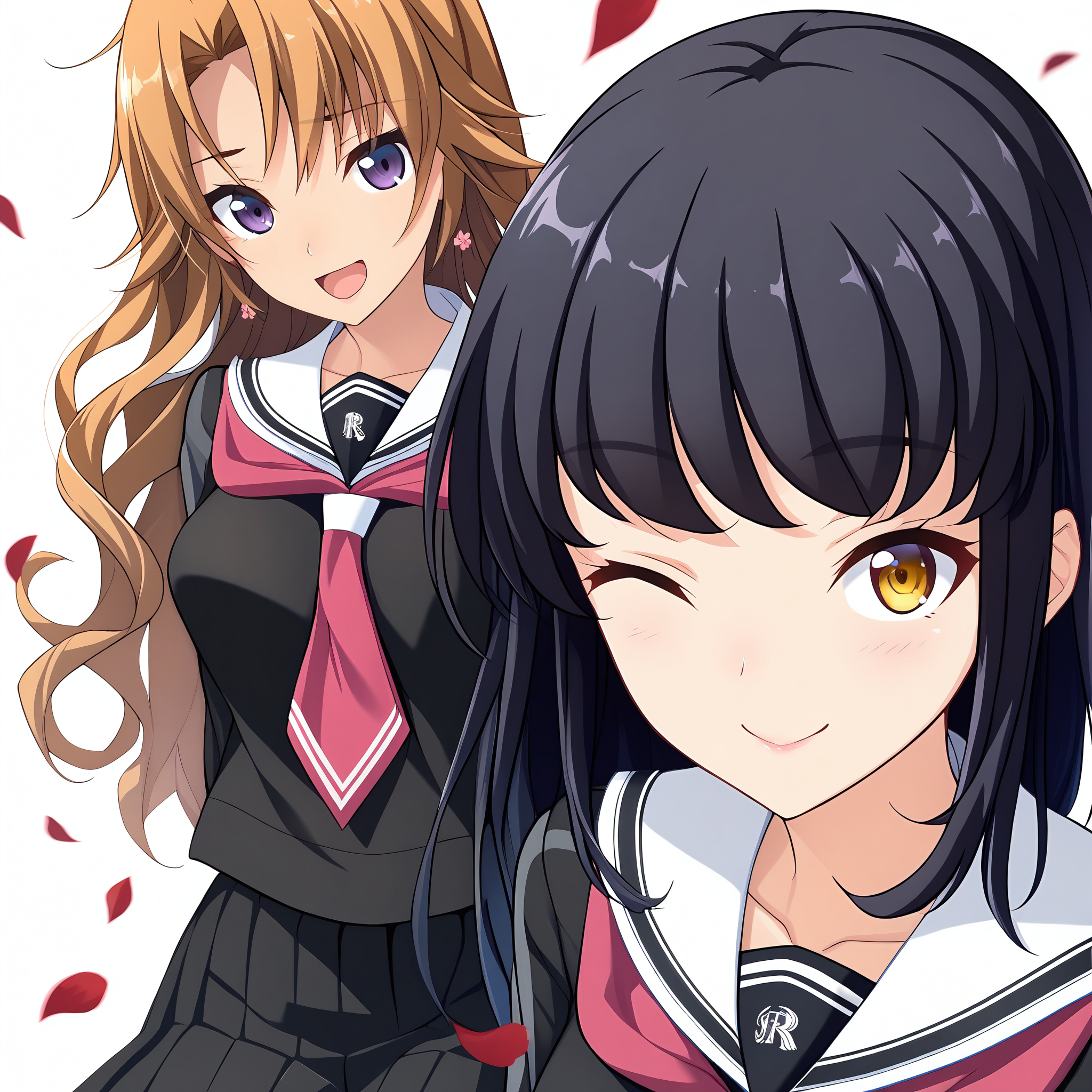 2girls,multiple girls,simple background,white background,smile,masterpiece,best quality,very aesthetic,absurdres,cowboy shot,upper body,close up,looking at viewer,smile,petals,falling petals,(illustration:1.2),(extremely fine and beautiful),(perfect details),(unity CG 8K wallpaper:1.05),(ray tracing),(beautiful and clear background:1.25),(depth of field:0.6),(beautiful face:1.2),
BREAK
1girl,sunao,memories off 8,rinshoji school uniform,schoolsunao,red neckerchief,open mouth,arms behind back,
BREAK
1girl,misaki,memories off 8,rinshoji school uniform,schoolmisaki,red neckerchief,looking at viewer,short hair,blush,one eye closed,<lora:MemoriesOff8AIOK:0.8>,
