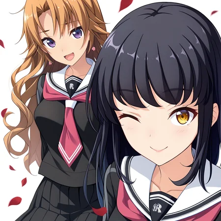 2girls,multiple girls,simple background,white background,smile,masterpiece,best quality,very aesthetic,absurdres,cowboy shot,upper body,close up,looking at viewer,smile,petals,falling petals,(illustration:1.2),(extremely fine and beautiful),(perfect details),(unity CG 8K wallpaper:1.05),(ray tracing),(beautiful and clear background:1.25),(depth of field:0.6),(beautiful face:1.2),
BREAK
1girl,sunao,memories off 8,rinshoji school uniform,schoolsunao,red neckerchief,open mouth,arms behind back,
BREAK
1girl,misaki,memories off 8,rinshoji school uniform,schoolmisaki,red neckerchief,looking at viewer,short hair,blush,one eye closed,<lora:MemoriesOff8AIOK:0.8>,