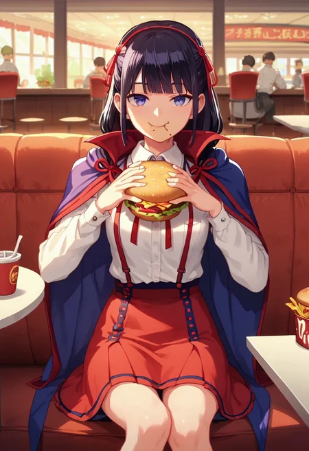 rinotuna, score_9, score_8_up, score_7_up, source_anime, masterpiece, 1girl, ctiankome, suspender skirt, dress shirt, cape, long sleeves, red ribbon, looking at viewer, , anime coloring, cowboy shot, sitting, restaurant, eating burger, anime screencap