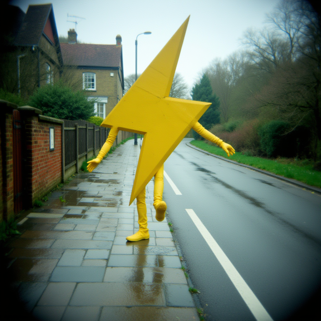 Shot on a Holga camera, a yellow cartoon lightning bolt symbol with arms and legs, walking casually down the pavement at the side of a buisy main road as it rains. Shot from the roadside of an english village