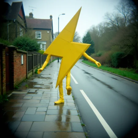 Shot on a Holga camera, a yellow cartoon lightning bolt symbol with arms and legs, walking casually down the pavement at the side of a buisy main road as it rains. Shot from the roadside of an english village