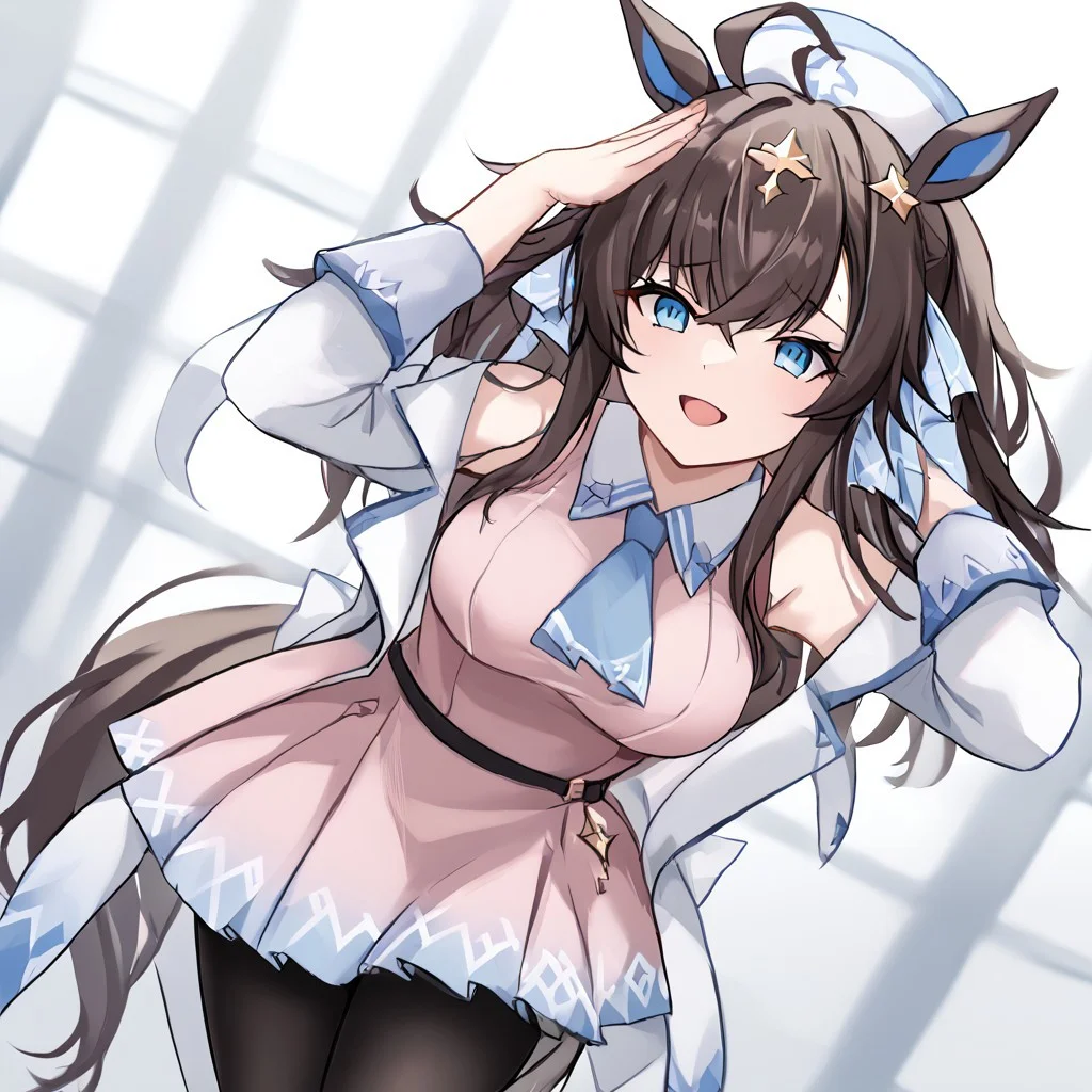 score_9, score_8_up, score_7_up, source_anime, rating_safe, BREAK <lora:daringTactXL_LoRA-C3Lier_AdamW_Dim8_Alpha8_UN-3e-4_TE-1.5e-4_10batch_ponyDiffusionV6XL_v6StartWithThisOne:1>, daring tact \(umamusume\), 1girl, horse girl, horse ears, ahoge, hair flaps, medium hair, brown hair, white hair, ponytail, sidelocks, blue eyes, horse tail, medium breasts, hair ribbon, hair ornament, nurse, long sleeves, pink dress, sleeveless dress, blue ascot, belt, black pantyhose, ankle boots, eye focus, dutch angle, looking at viewer, facing viewer, open hand, depth of field, leaning forward.