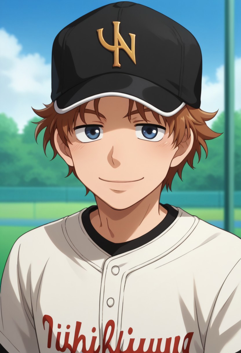 score_9, score_8_up, score_7_up, source_anime, highly detailed, 
fumiki, 1boy, male focus, brown hair, sportswear, hat, baseball cap, baseball uniform, smile, solo, blue eyes, looking at viewer,