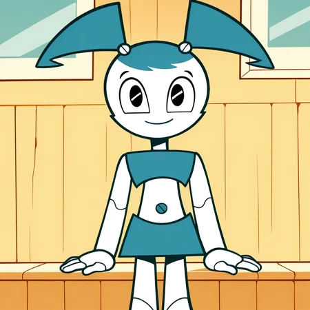 (masterpiece), (best quality), absurdres, intricate details, highres, <lora:XJ9_ILLUS_2:1> , xj1, 1girl, twintails, jenny wakeman, robot, robot, android, robot joints, crop top, skirt, looking at viewer, black eyes, smile, no nose,