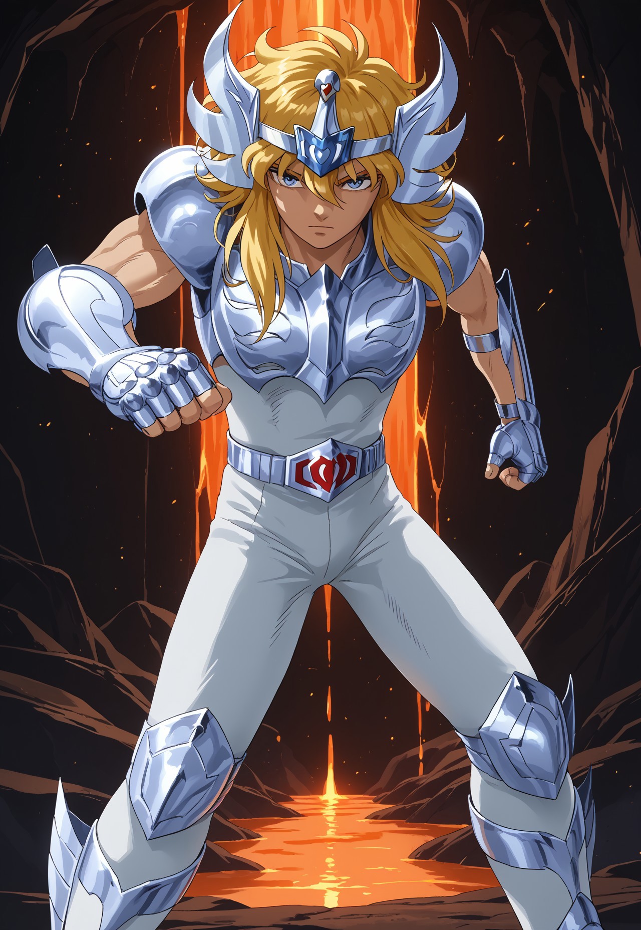 score_9, score_8,cygnushyov2,1boy, blue eyes, slender figure, toned male, swan circlet, silver pauldrons, silver armor, fingerless silver gauntlets, belt, white pants, silver boots, silver kneepads, white undershirt, belt buckle, wavy blonde hair, sleeveless, (highly detailed:1.2), (intricate:1.2), (best quality:1.2),(8k:1.2), (sharp:1.2), (majestic:1.2), natural lighting, detail++, cave backdrop, lava, looking at viewer, action pose