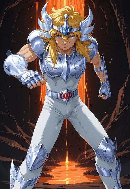 score_9, score_8,cygnushyov2,1boy, blue eyes, slender figure, toned male, swan circlet, silver pauldrons, silver armor, fingerless silver gauntlets, belt, white pants, silver boots, silver kneepads, white undershirt, belt buckle, wavy blonde hair, sleeveless, (highly detailed:1.2), (intricate:1.2), (best quality:1.2),(8k:1.2), (sharp:1.2), (majestic:1.2), natural lighting, detail++, cave backdrop, lava, looking at viewer, action pose