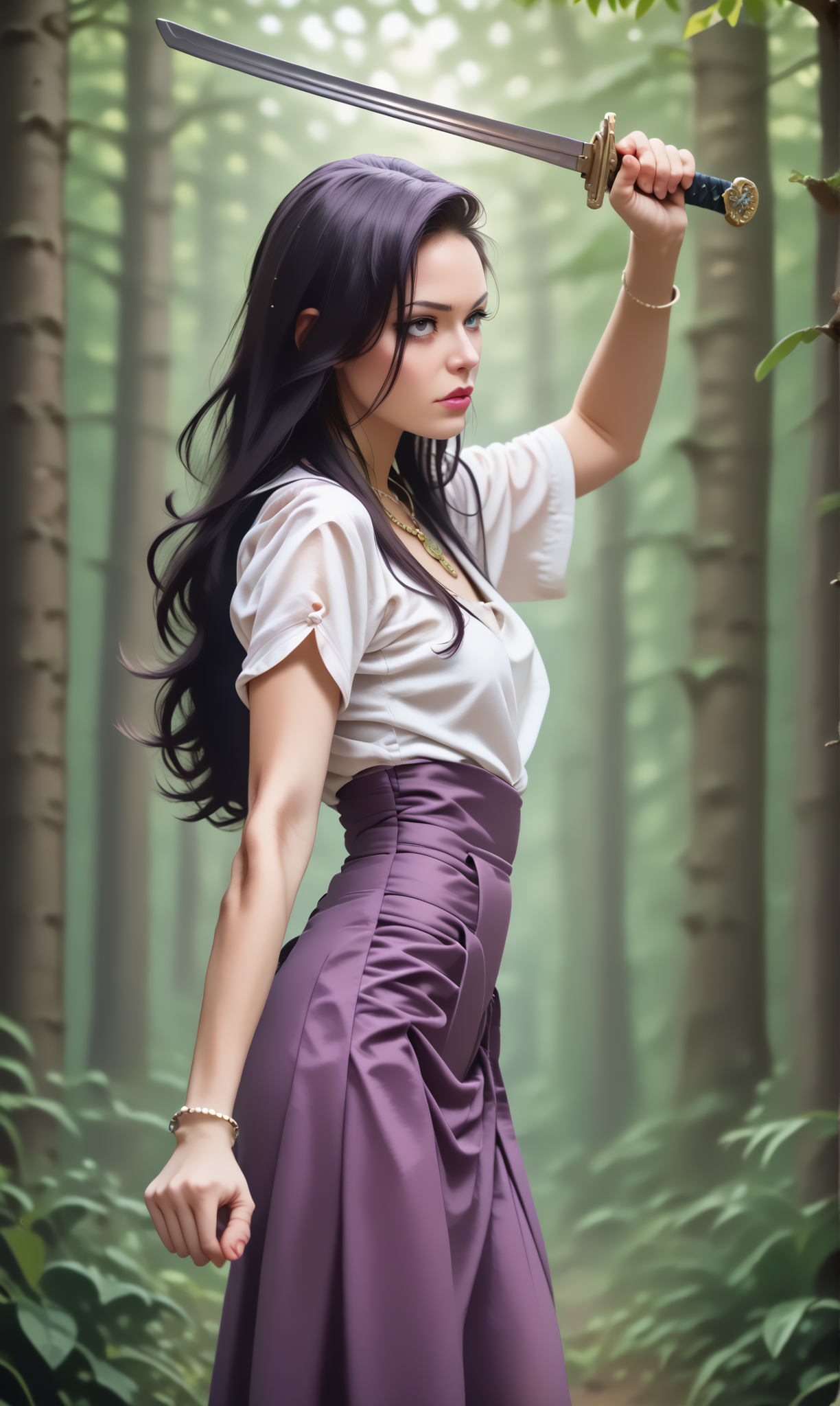 score_9, score_8_up, score_7_up, ovhatt, bothnd, side view, (slim 25yo girl) is overhead attacking with a sword in a crowded forest, purple skirt and white blouse, black (holdup stockings), necklace,  long brunette hair
 <lora:OverheadAttackPony:1>