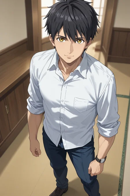 score_9, score_8_up, score_7_up,score_6_up,score_5_up,score_4_up,source_anime,BREAK, rating_safe, intricate details , , , anime screencap, anime coloring, official style, depth of field,1boy, solo, male focus , , , <lora:kuro_sakuragawa:0.98>,kuro sakuragawa,black hair,yellow eyes,short hair,bangs,looking at viewer, smile,indoors, shirt, standing, full body, white shirt, shoes, collared shirt, pants, dress shirt,blue pants, sleeves rolled up, watch, wristwatch,looking at viewer,from above
, , , <lora:sdxl_lightning_8step_lora_315544:1>