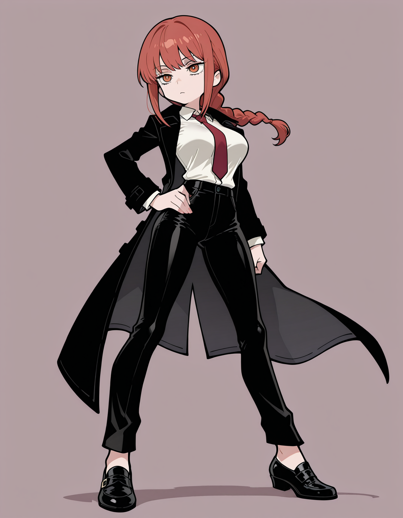 masterpiece,best quality,amazing quality,very aesthetic,high resolution,ultra detailed,perfect details,
1girl,makima,mai_style,mature female,standing,dynamic pose,white collared shirt,black pants,red tie,black leather shoes,black coat,solo,<lora:makima_mai:0.7>,thin thighs,
simple background,<lora:ZZZ_Emoji_style_ILv2:1>,zzzemoji,
