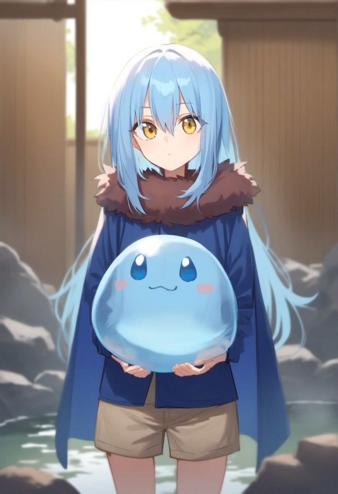 score_9, score_8_up, score_7_up, score_6_up,
tsepmet_urumir_xl, rimuru tempest blue hair, cape, fur trim, long hair, yellow eyes, hair between eyes, blue fur trimmed jacket, holding slime \(creature\), cute, = =. + +, fur pants,
official wallpaper, onsen, backlighting, cowboy shot,
<lora:Rimuru_Tempest_XL_Pony:1>