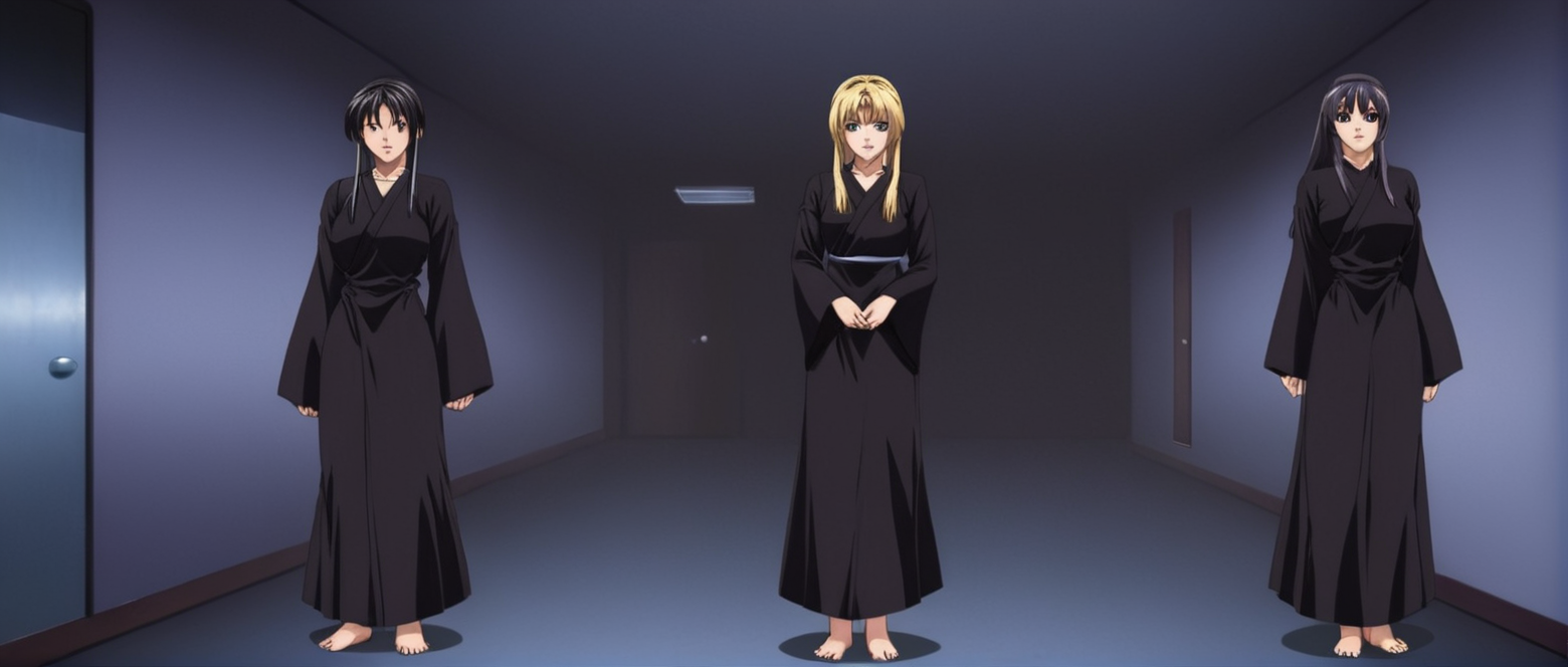 anime artwork of  <lora:Bible Black style:1>
three women in black monk robs standing in a dark room,long hair,multiple girls,blonde hair,black hair,long sleeves,dress,standing,barefoot,indoors,3girls,black dress,4girls,door,dark,hallway eroge,anime,manga,nsfw,cartoon,Adult animation,explicit,Original video animation, Baiburu Burakku style, Bible Black style, anime style, key visual, vibrant, studio anime,  highly detailed
