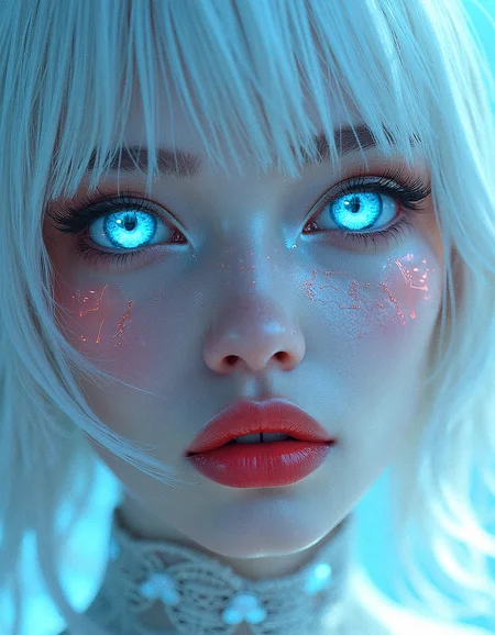 A hyper-realistic close-up of a woman with icy white hair with long side bangs and pale, with hexagon skin texture on her face. Her eyes are bright blue with circuitry pattern pupils, almost glowing, with digital patterns reflecting in them. The lighting is surreal, with soft, colorful lights casting abstract patterns on her face. Her lips are a deep red, glossy and perfectly shaped. The background is an abstract, digital landscape, with soft gradients and blurred shapes, creating a dreamy, otherworldly atmosphere.