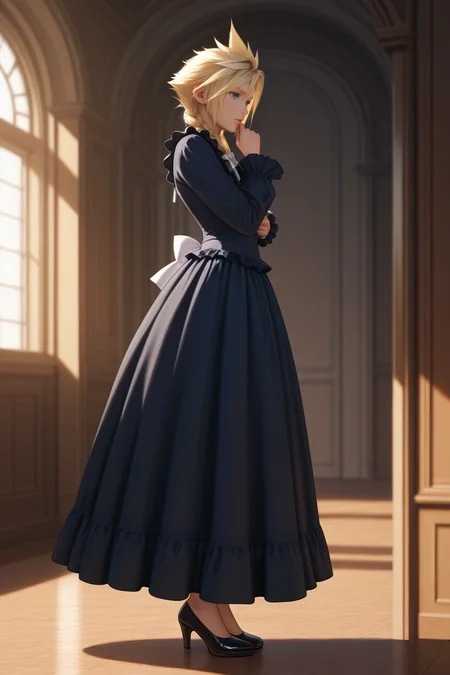 masterpiece, best quality,highres, absurdres,scenery, cinematic, intricate detail,anime,1boy, solo, male focus , , ,<lora:cloud:0.80>, cloud strife,blonde hair,blue eyes,short hair,long hair, long sleeves, dress, bow, ribbon, hair between eyes, standing, full body, braid, hair bow, frills, shoes, alternate costume, black footwear, black dress, high heels, twin braids, frilled dress, hand up,white bow,frilled sleeves, crossdressing, long dress, grey bow,from side