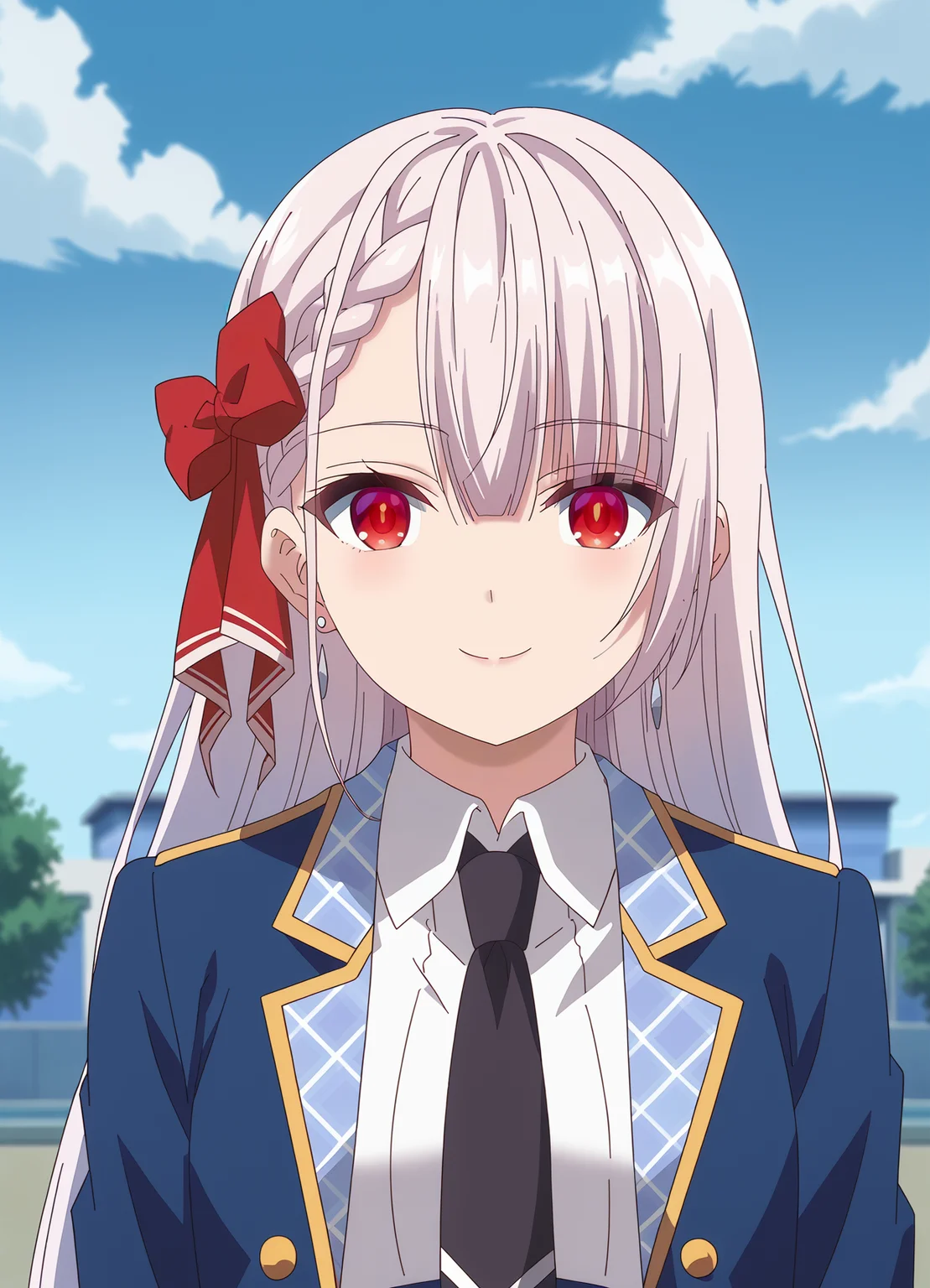 <lora:Riselia_Ray_Crystalia-Seiken_Gakuin_no_Makentsukai:1>,Riselia,1girl,solo,earrings,long hair,red eyes,bow,hair bow,braid,school uniform,black necktie,jacket,white shirt,blue jacket,upper body, looking at viewer, smile,closed mouth, outdoors,sky