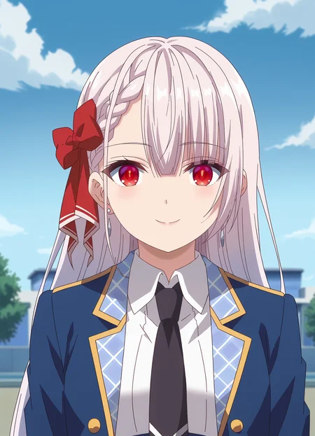 <lora:Riselia_Ray_Crystalia-Seiken_Gakuin_no_Makentsukai:1>,Riselia,1girl,solo,earrings,long hair,red eyes,bow,hair bow,braid,school uniform,black necktie,jacket,white shirt,blue jacket,upper body, looking at viewer, smile,closed mouth, outdoors,sky