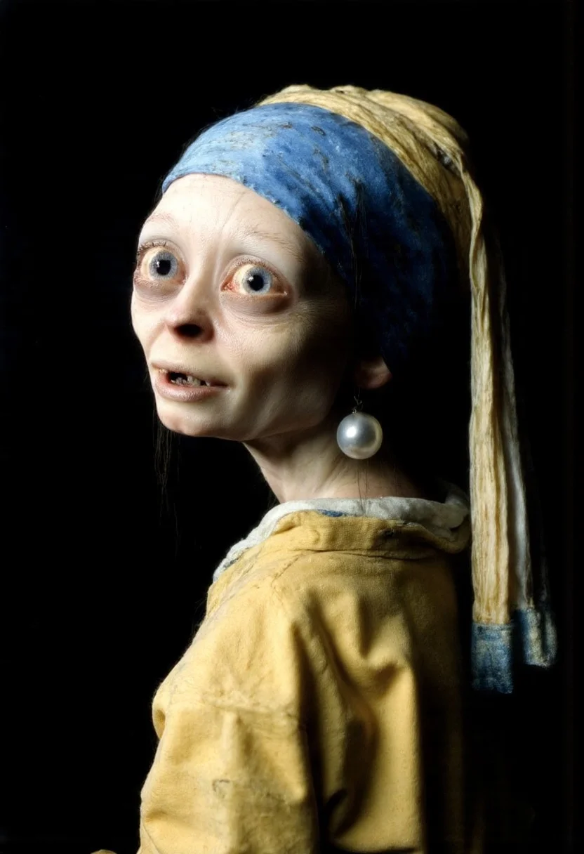 Portrait of a young girl with a serene expression, looking over her shoulder. She wears a blue headscarf and a loosely draped yellow garment. Her face is softly illuminated, creating a stark contrast against the dark background. An unusually large pearl earring catches the light. Her lips are slightly parted, adding a sense of mystery and intrigue. The scene conveys a calm and enigmatic atmosphere, capturing the essence of Vermeer's 'Girl with a Pearl Earring'.