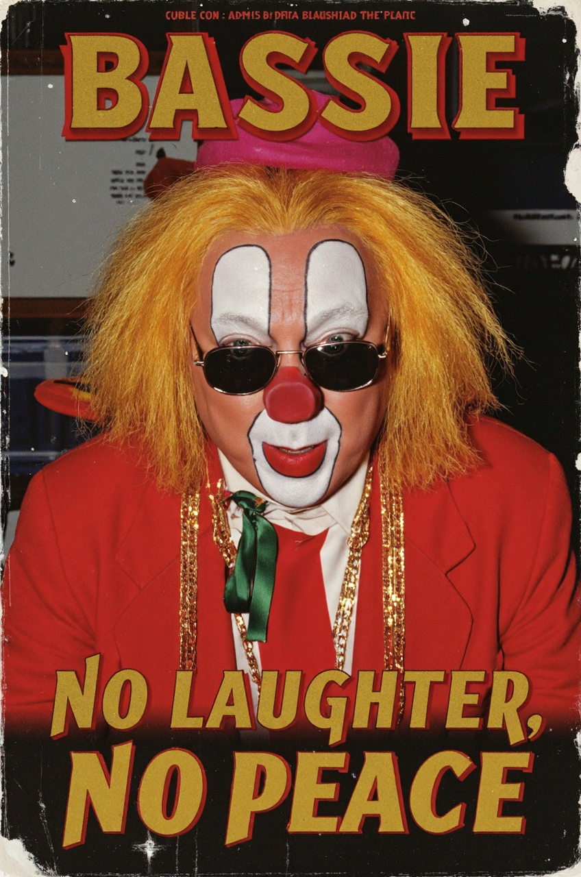 <lora:Bassie:1.4> An art parody of a gritty hip-hop album cover. Bassie the clown in gold chains, shades, and a serious expression â album title: "No Laughter, No Peace".