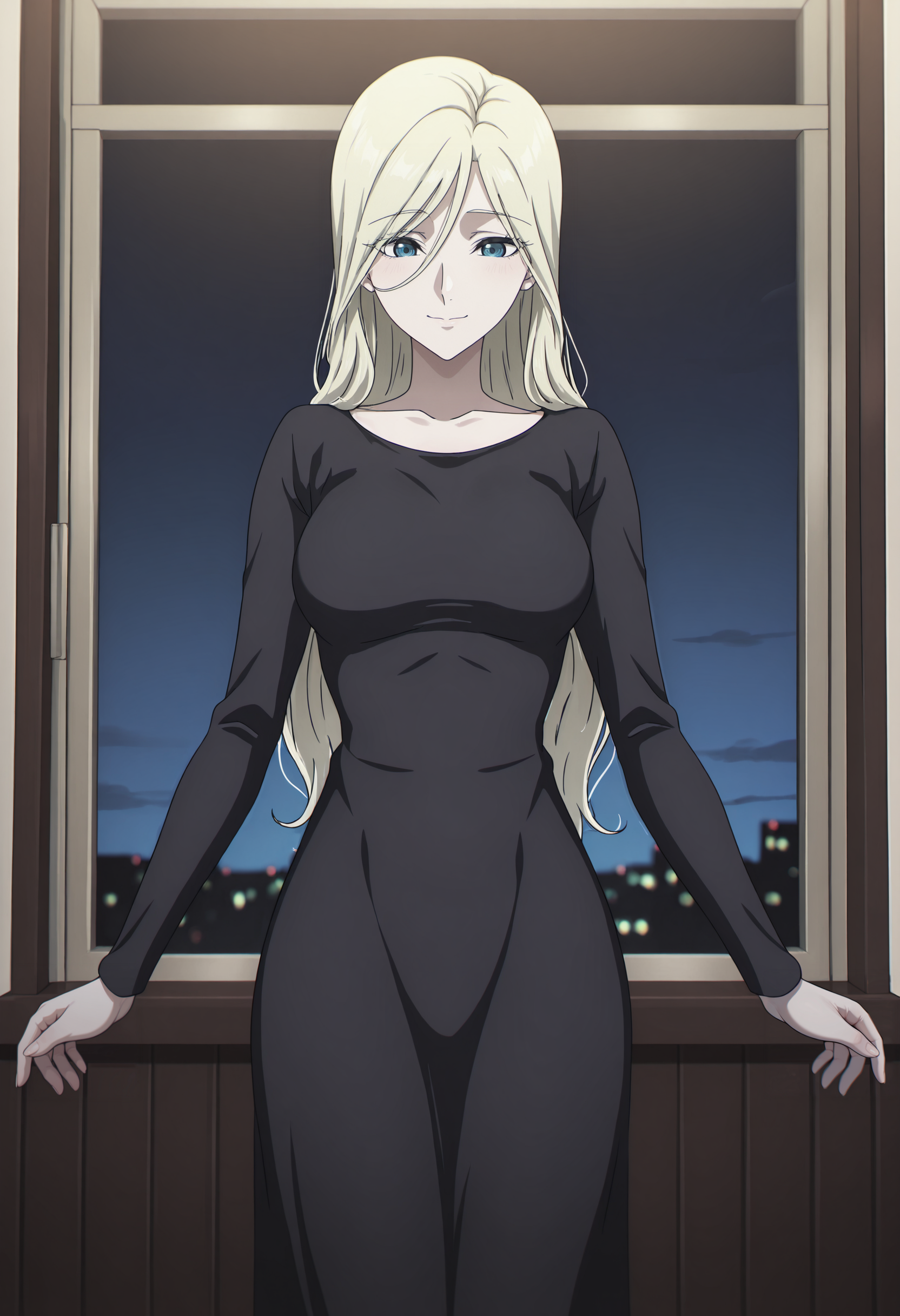 best quality, amazing quality, perfect quality, high quality, masterpiece, absolutely eye-catching BREAK
<lora:Migi_to_Dali_-_Metry:1> MigiMetry, blue eyes, blonde hair, long hair, hair between eyes, medium breasts BREAK
black dress, 1girl, solo, night, dark, smile, outstretched arms, cowboy shot, standing in front of window