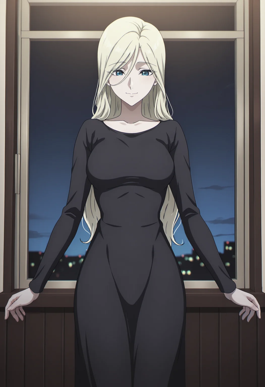 best quality, amazing quality, perfect quality, high quality, masterpiece, absolutely eye-catching BREAK
<lora:Migi_to_Dali_-_Metry:1> MigiMetry, blue eyes, blonde hair, long hair, hair between eyes, medium breasts BREAK
black dress, 1girl, solo, night, dark, smile, outstretched arms, cowboy shot, standing in front of window