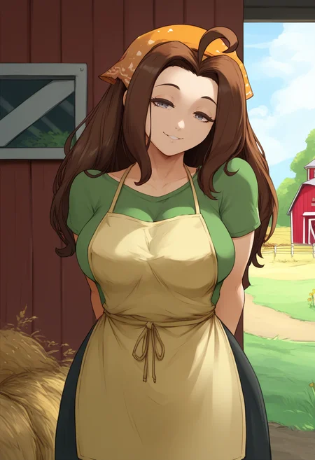 score_9, score_7_up, BREAK, solo, 1girl, smile, looking at viewer, <lora:csr_pd_glora_t1:1>, <lora:Celia-pdxl_Fp:0.8>, celiahm, brown hair, grey eyes, ahoge, long hair, bandana, green shirt, apron, large breasts, outdoors, farm, half-closed eyes, arms behind back, head tilt,
