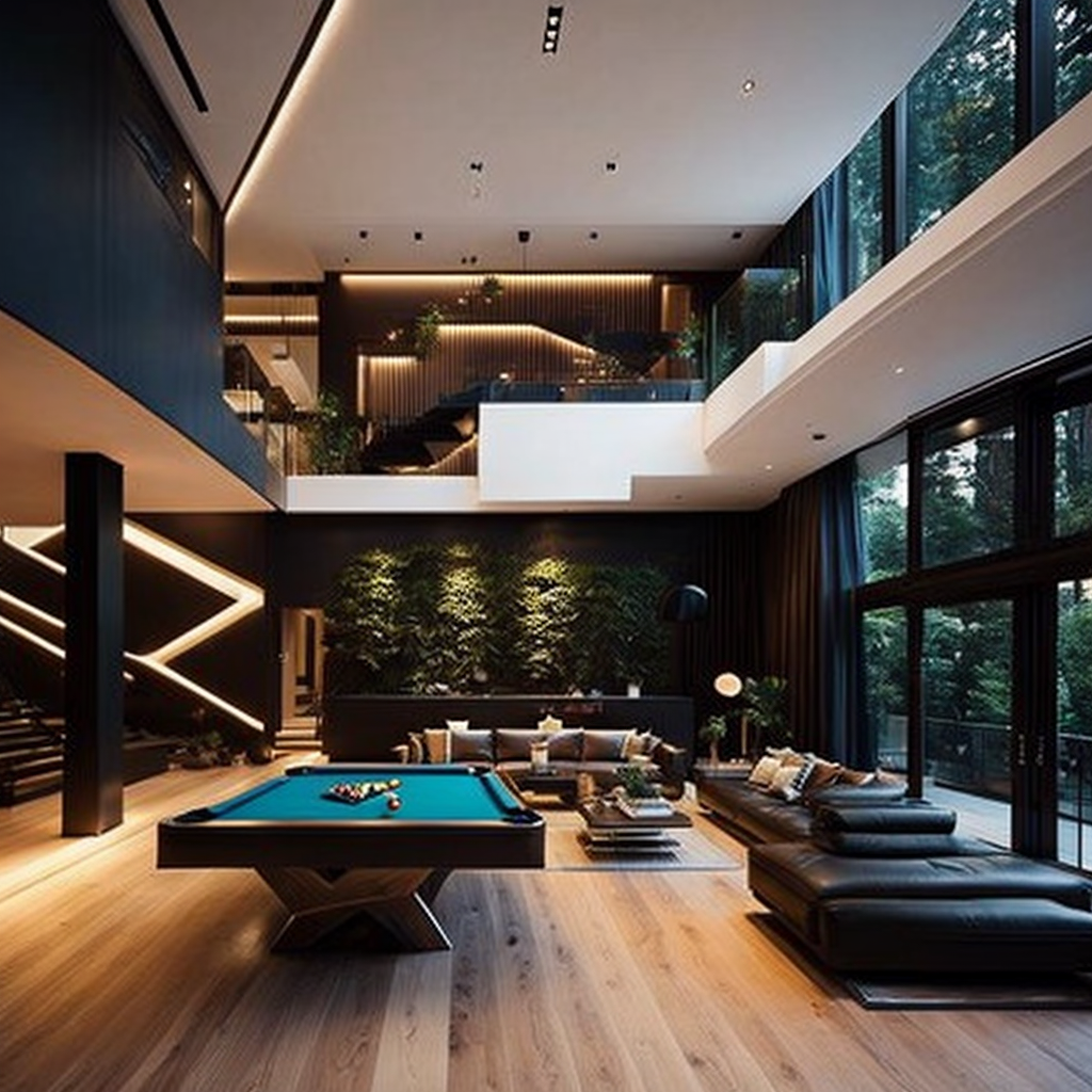 <lyco:Modern_interior_design_Sa_May:1.0>  Modern lux interior design, modern furniture, wooden floors, games room, stairs, pool table plant pots