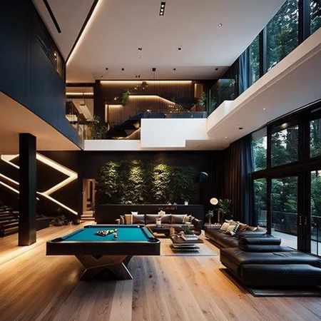 <lyco:Modern_interior_design_Sa_May:1.0>  Modern lux interior design, modern furniture, wooden floors, games room, stairs, pool table plant pots