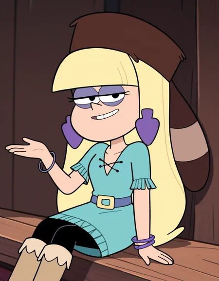 looking at viewer, solo, smug, sitting,  <lora:Pacifica_Northwest_Gravity_Falls_Pony:1> , pacificagf, long hair, blonde hair, blunt bangs, eyelashes, black eyes, purple eyeshadow, 
turquoise dress, purple belt, yellow buckle, purple bracelet, black leggings, boots, coonskin cap, purple arrowhead earrings