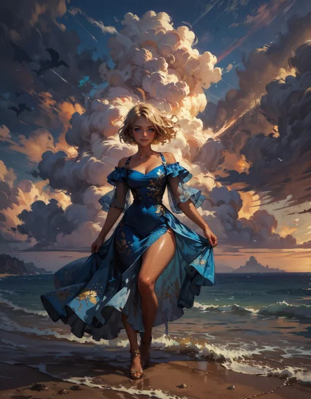 score_9, score_8_up, score_7_up, score_6_up, score_5_up, score_4_up,  woman, 25 years old, tan skin, blue fluorescent dress, (windy:1.3), stormy clouds, narrow hips, smiling, seashore, ocean, short blonde hair, blue eyes, blushing, golden hour