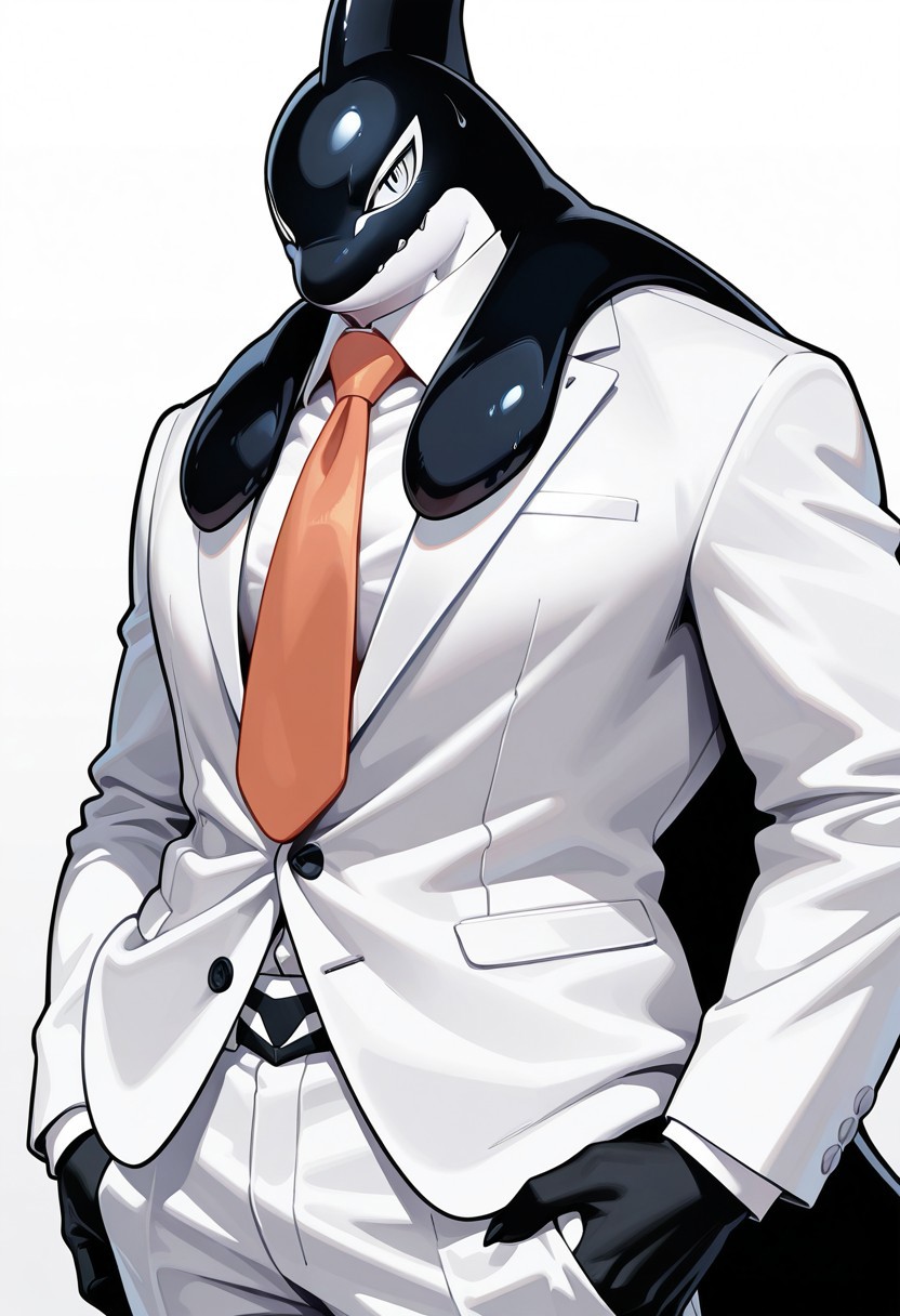 best quality, newest, absurdres, highres,Anthro,orca,Gang Orca,muscular male,black body,white sclera,white suit