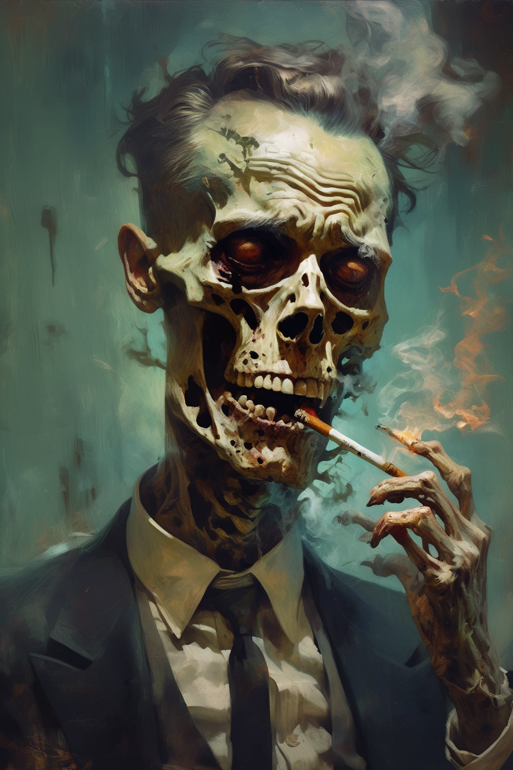 <lora:Sam Spratt Style:1>Sam Spratt Style - fantastic surreal 1930's, john dillinger undead skeletal decaying rotting zombie smoking cigar portrait, dreamed
