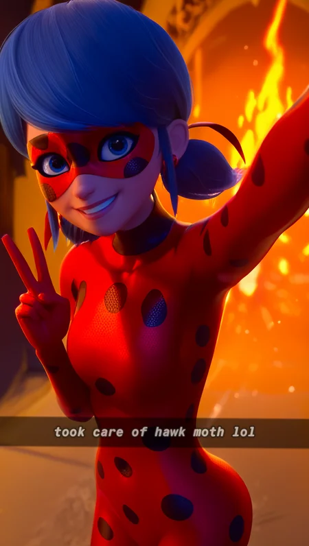 score_9_up, score_8_up, score_7_up  miraclady, show accurate style, source_cartoon , 1girl, solo focus, black hair, low twin tails, medium hair, blue eyes, hair ribbon, bodysuit, blue eyes, domino mask, cowboy shot, earring, crowd,AddXL,Perfect Hands,<lora:selfie-outstretched-arm-ponyxl-lora-nochekaiser:1> selfie, arm up, foreshortening, looking at viewer, outstretched arm, reaching, reaching towards viewer, peace symbol, small smile, closed mouth, playful expression, wide-eyed, (burning building:1.2, fire, chaos), dutch angle, high angle, 