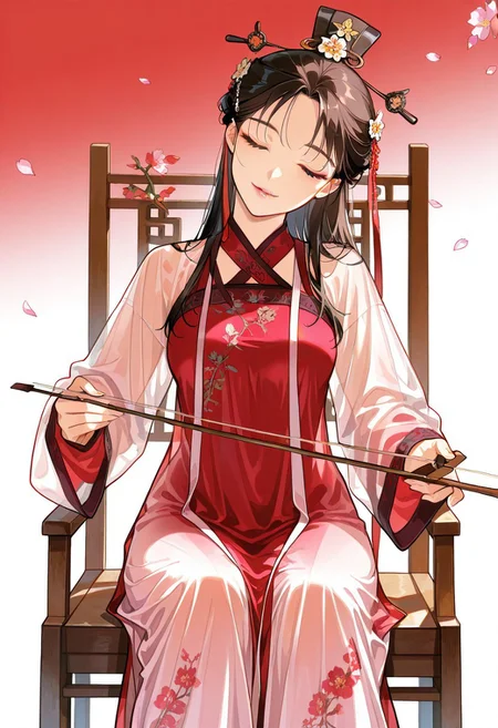 masterpiece, best quality, absurdres,1girl,solo,<lora:Daqiao_Dynasty_Warriors_IL:0.8> daqiao,long hair, black hair,brown eyes,faint lips,pink lips,(head tilt,gentle smile,closed eyes),medium breasts,(hair ornament, dress,flower), (hanfu, long sleeves, hair ornament, floral print, see-through), (face focus,close to viewer,dynamic angle), hanfu dress(holding instrument,playing erhu,holding erhu,playing instrument,sitting),(deep shadows,light theme,backlight,red theme),(simple background,red background,white background,gradient background,halftone theme),(pink petals),(Chinese style chair)