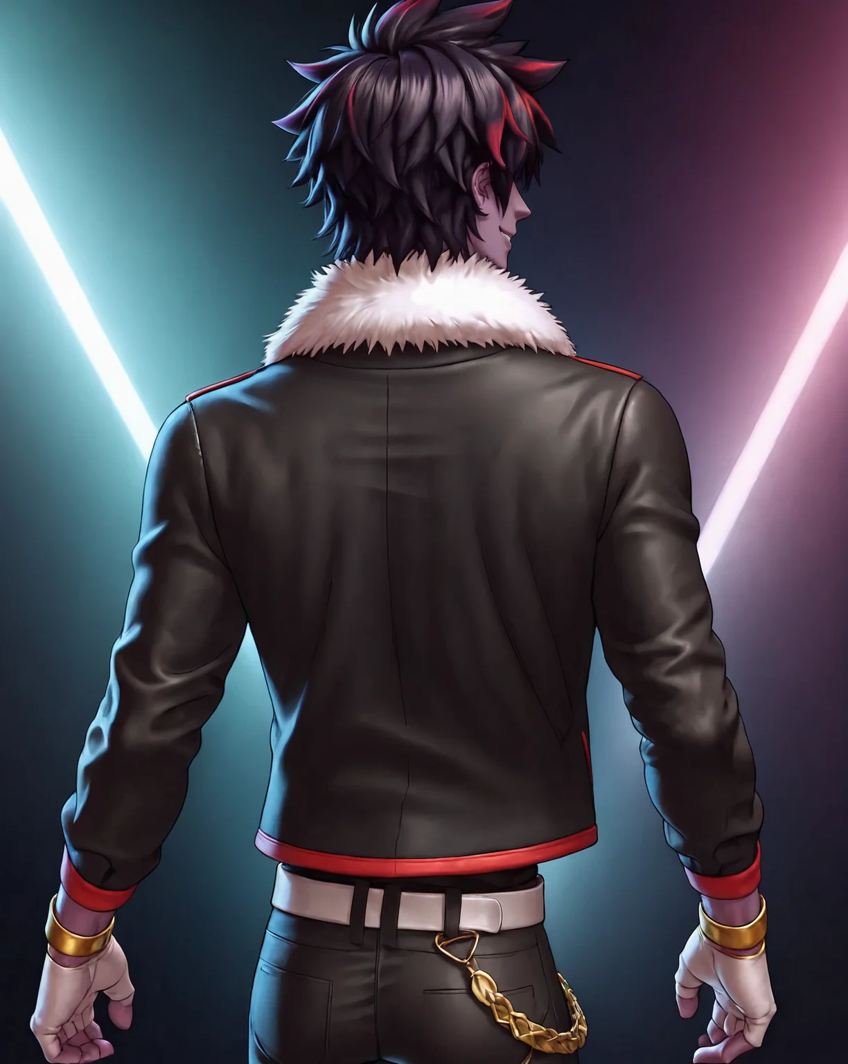 score_9, score_8_up, score_7_up, rating_questionable, intricately detailed, high resolution, 
<lora:Echo_Gayharem:0.8>,
1boy(echo_gh, purple skin, black pants, white belt, black shirt, white fingerless gloves, black jacket with white fur collar, gold bracelets, cowboy shot, thigh up focus, slight smile, looking at the viewer, solo), back view, disco, at night, dark room, low light, indirect lightning,
detailed background, depth of field, 
<lora:ral-chrosc-clr:0.7>, ral-chrosc-clr,
<lora:Expressive_H:0.5>, Expressiveh,
<lora:xl_more_art-full_v1:0.3>,
<lora:add-detail-xl:0.3>