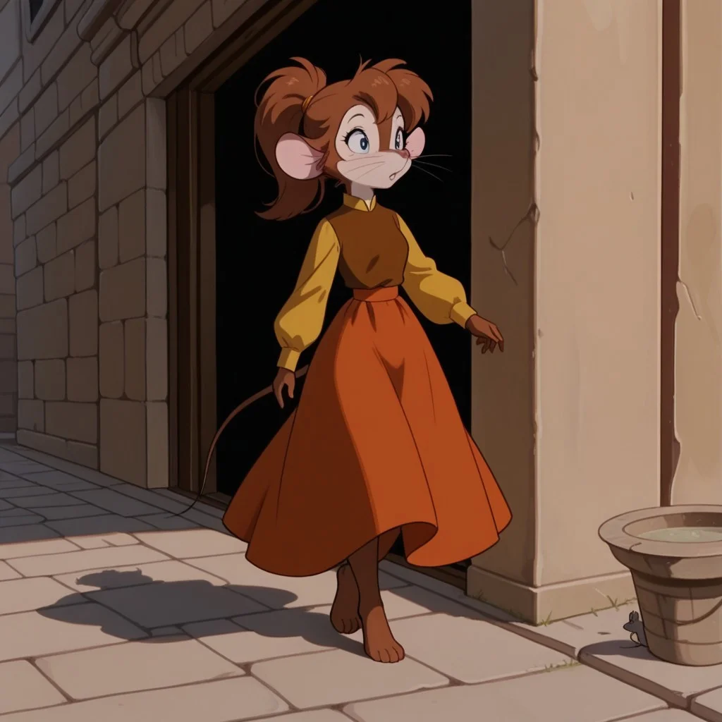 masterpiece, best quality, amazing quality, tanyafgwil, anthro, female, mouse, brown fur, blue eyes, brown hair, ponytail, whiskers, dress, orange skirt, brown shirt, long sleeves, yellow sleeves, barefoot, walking, outside