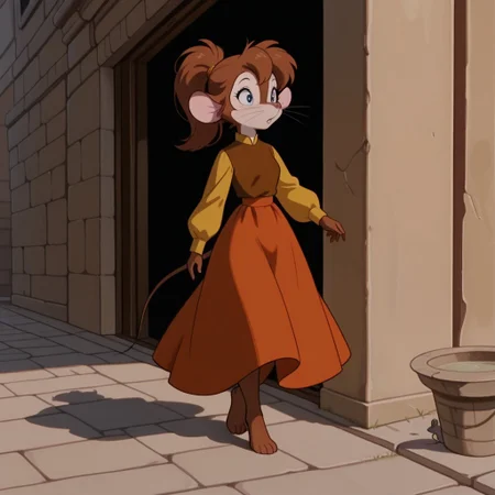 masterpiece, best quality, amazing quality, tanyafgwil, anthro, female, mouse, brown fur, blue eyes, brown hair, ponytail, whiskers, dress, orange skirt, brown shirt, long sleeves, yellow sleeves, barefoot, walking, outside