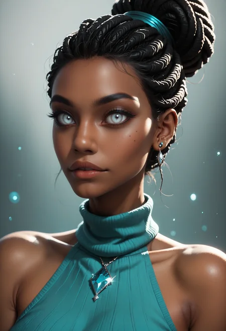 score_9, score_8_up, score_7_up,
1girl, solo, sexy sweater dress, aqua dress, sleeveless turtleneck dress, stud earrings:diamond \(gemstone\), close-up:portrait,
<lora:Dark_Berea_Pony_v1.0:0.5> d4rkb3r34, very dark skin, dreadlocks:single hair bun, white eyes,