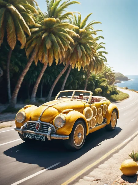 An ais-lmnsgr antique car speeding down a sunny coastal road <lora:ais-lmnsgr-sdxl:1>