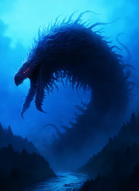 artist:, masterpiece, best quality, newest, very awa, absurdres, highres, mnsr, monster, giant, huge, teeth, glowing eyes, fog, blue sky, forest, hills, mountains, detailed,, <lora:SDXL\Illustrous\Monster_Concept-Illu-mnsr:1.0>