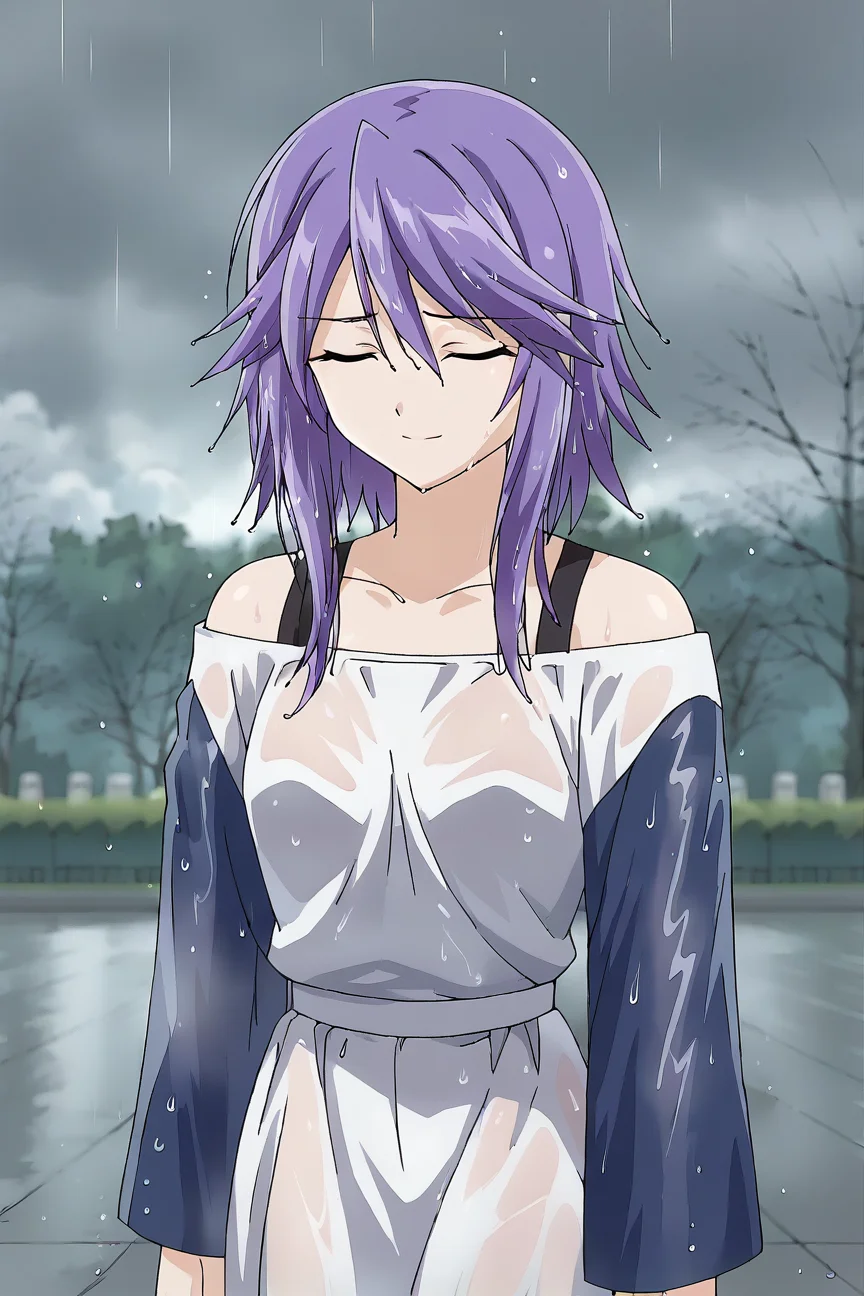 score_9, score_8_up, score_7_up, source_anime,Shirayuki Mizore, <lora:Shirayuki_Mizore_Pony:1>, purple hair, wt hair from rain, messy hair, blue eyes, casual clothes,  standing, under rain, standing,  closed eyes, closed mouth, soft smile, raind drops, wet hair, wet dress, background park, cloudy, rain, best quality, masterpiece
