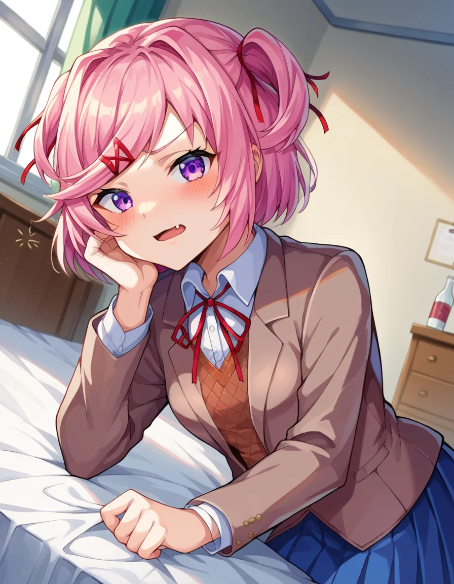 score_9, score_8_up, score_7_up, source_anime,
ddlcnatsuki, <lora:ddlc-natsuki-ponyxl-lora-nochekaiser:1>
ddlcnatsuki, fang, hair ornament, pink hair, purple eyes, short hair, short sidetail, swept bangs, x hair ornament,
blazer, blue skirt, brown jacket, collared shirt, jacket, long sleeves, miniskirt, neck ribbon, pleated skirt, red ribbon, ribbon, school uniform, shirt, skirt, swept bangs, vest, white shirt, wing collar, x hair ornament,
indoors, bed, bed room, on side, blush, drunk,
looking at viewer, dutch angle, cowboy shot,