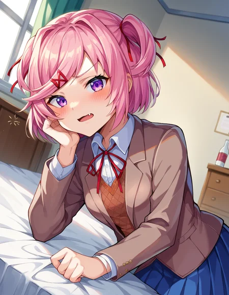 score_9, score_8_up, score_7_up, source_anime,
ddlcnatsuki, <lora:ddlc-natsuki-ponyxl-lora-nochekaiser:1>
ddlcnatsuki, fang, hair ornament, pink hair, purple eyes, short hair, short sidetail, swept bangs, x hair ornament,
blazer, blue skirt, brown jacket, collared shirt, jacket, long sleeves, miniskirt, neck ribbon, pleated skirt, red ribbon, ribbon, school uniform, shirt, skirt, swept bangs, vest, white shirt, wing collar, x hair ornament,
indoors, bed, bed room, on side, blush, drunk,
looking at viewer, dutch angle, cowboy shot,