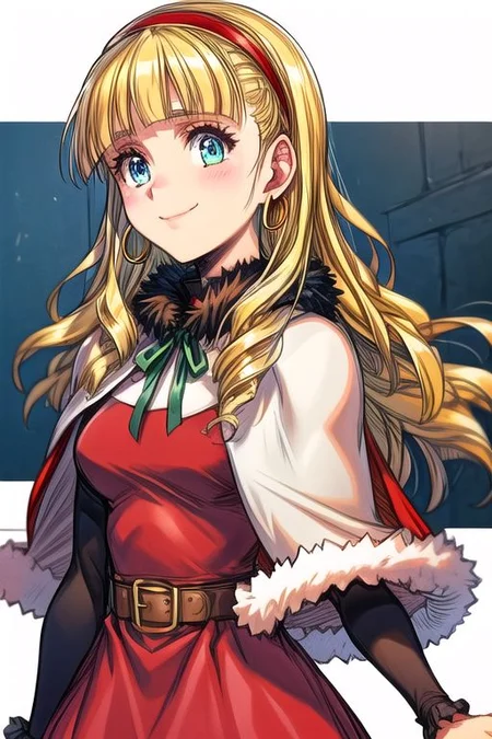 (best quality) , (highly detailed) ,masterpiece ,absurdres ,detailed face ,beautiful face ,(detailed eyes, deep eyes, anime eyes) ,1girl , solo, upper body, slight smile, small breasts
CatherineDigimon, 1girl, solo, long hair, blonde hair, long sleeves, red dress, red hairband, blunt bangs, fur trim, redcapelet, drill hair, blue eyes, green ribbon, fur-trimmed capelet, headband, jewelry, belt, cape, hoop earrings, blue skirt, brown shoes, Cape, Smile, Happy,
