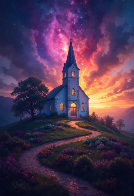 A church on a hill in a country side at night, dynamic colors, vibrant glow