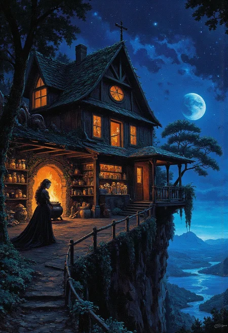 A secluded, crooked cabin perched on a cliff edge, its wooden frame frosted over and wrapped in glowing ivy, inside, a cauldron bubbles with frostfire, filling the room with a chilling blue light, shelves line the walls, crammed with peculiar jars holding glowing mushrooms, frozen insect specimens, and enchanted snowflakes, the witch herself, a towering figure with pale, glacial skin and hair of frost-covered vines, stands over her cauldron, her eyes like frozen stars, the setting feels like a scene from Wayne Barlowe’s dark fantasy paintings, with intricate textures, ominous lighting, and organic, otherworldly beauty.
, Vibrant, grotesque, and surreal with bold contrasts, heavy black outlines, and a blend of dreamlike autumnal hues; a mix of neon, retro, and pagan elements, inspired by Sean Aaberg’s punk-infused, chaotic energy and dreamcore's eerie, nostalgic undertones