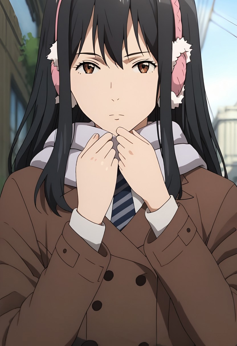score_9, score_8_up, score_7_up, score_6_up, score_5_up, 1girl, KanaKimishima, black hair, long hair, brown eyes, bangs, pink earmuffs, necktie, grey scarf, brown coat, black skirt, pleated skirt, sexy, female focus, fantasy, expressive, skindentation, skinny, 1female, masterpiece, 32K HD, beautiful attention to detail, detailed eyes, shiny skin, showing lots of skin, wide lens, perfect hands, perfect eyes, ((2d)), anime, source anime, flat shadows, flat colors, looking at viewer, standing, clothed female, uncensored , ((feet out of frame)), outdoors, close up, upper body, cowboy shot